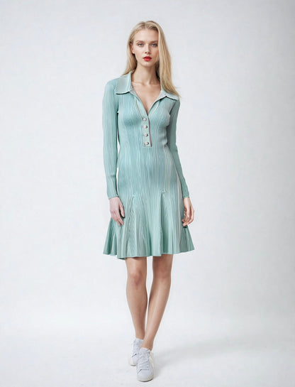 Lady Solid A Line Long Sleeve Dress