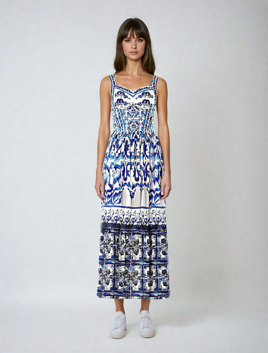 Vintage Blue and White Porcelain Printing Long Dress